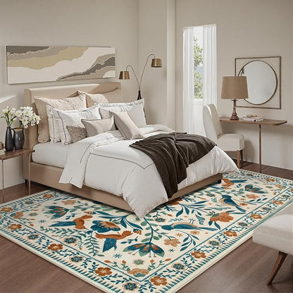 Moynesa Bedroom Rug 5x7, Washable Modern Bohemian Area Rugs for Living Room Dining Room, Farmhouse Floral Bird Print Pattern Carpet, Retro Home Decor Open Floor Areas Non-Slip Protection