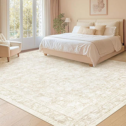 9x12 Area Rugs for Living Room: Washable Large Vintage Floral Rug Low Pile Non-Slip Boho Carpet for Bedroom Dining Home Office (Beige, 9'x12')
