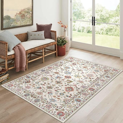 Washable Area Rug 4x6 - Traditional Floral Living Room Rug Soft Bedroom Rug Ultra-Thin Cream Colorful Vintage Farmhouse Dining Room Rugs Under Table Indoor Carpet for Living Room Office Mudroom