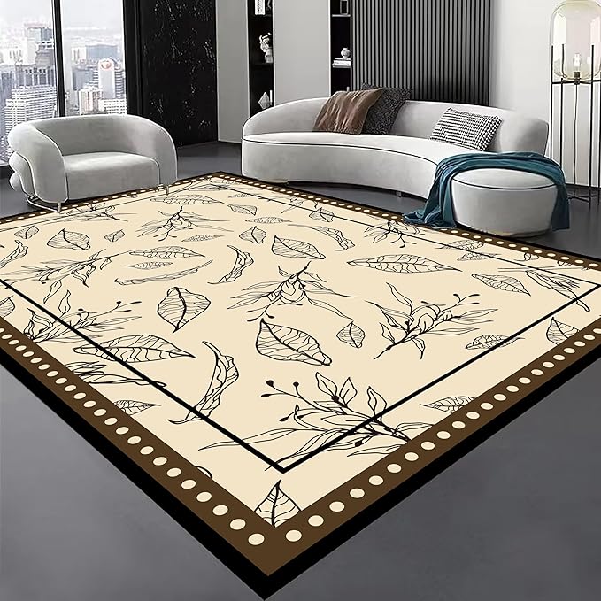 Medieval French Style Area Rugs 6x8ft, Off-White Botanical Leaf Pattern Rug, Low Pile Carpet, Washable & Non-Slip for Living Room, Bedroom, Dining Room, Dorm