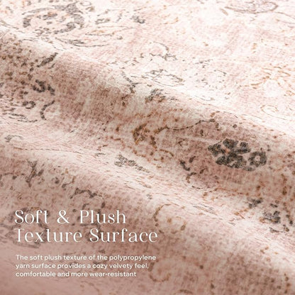 Phantoscope Washable Area Rug 5'x7' Non-Slip, Vintage Neutral Rugs for Living Room, Bedroom, Dining Room, Distressed Boho Floral Medallion Pattern, Low-Pile Foldable Floor Carpet, Soft Pink/Beige