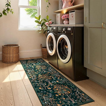 Morebes Boho Floral 2x6 Kitchen Runner Rug, Washable Rug Runners for Hallways Non Slip, Soft Botanical Flower Indoor Floor Carpet Runners for Bathroom Entryway Laundry Room, Dark Green