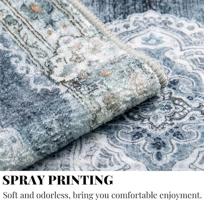 MUJOO Blue Grey Rug 8'x10' Rugs for Living Room Large Washable Area Rug Boho Rug for Bedroom Non Slip Vintage Abstract Soft Low-Pile Floral Flowers