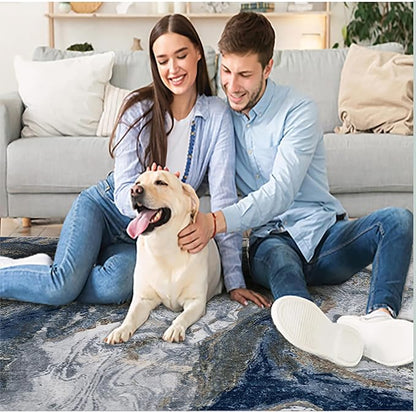 Washable Rug for Living Room: Abstract 8x10 Area Rugs for Bedroom Dining Room Low Pile Non-Slip - Stain Resistant Large Carpet Indoor - Modern Marble Blue Gold