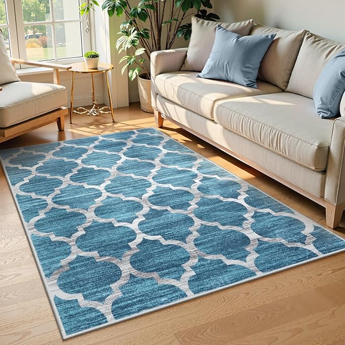 Lahome Moroccan Washable Rugs 3x5,Non-Slip 3x5 Entryway Blue Rug for Bedroom Accent Indoor Distressed Rugs Throw Carpet for Living Room Laundry Room Decor (3’ X 5’, Blue)