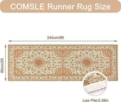 COMSLE Boho Washable Runner Rug for Hallway Faux Wool Small Kitchen Area Rug Distressed Throw Rug Non-Slip Laundry Room Carpet Runner for Entryway Indoor Bedroom, 2' x 8'