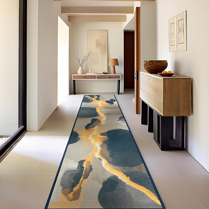 Phantoscope Washable Runner Rug 2'x6' Non-Slip, Modern Boho Hallway Rugs for Entryway, Stair, Bedroom, Dining Room, Cloudscape Golden Horizon Pattern, Low-Pile Foldable Floor Carpet, Deep Grey/Gold