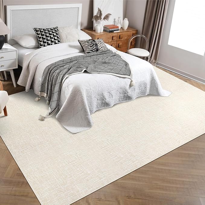 RUGSREAL Area Rug 5x7 Machine Washable Area Rug for Living Room Non-Slip Stain Resistant Modern Abstract Rug Contemporary Solid Throw Rug Foldable Accent Floor Carpet for Dining Room, Cream