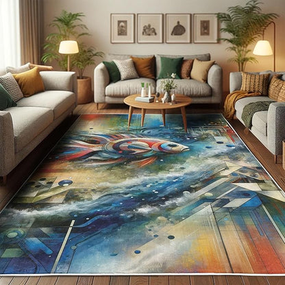 Ambesonne Modern Art Decorative Rug, Abstract Design of Color Jumble with Geometric Leafy Ornaments and Fish, Quality Carpet for Bedroom Dorm and Living Room, 2' 5" x 5', Sea Blue Multicolor