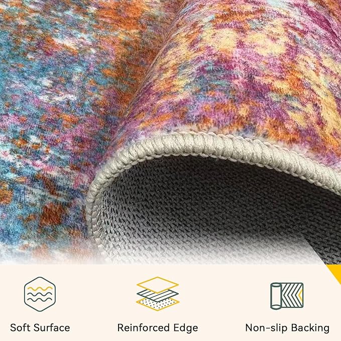 Washable Area Rugs 9'x12' Non-Slip Modern Abstract Soft for Living Room Entryway Bedroom Nursery, Print Pattern, Orange Blue Pink Yellow Colorful
