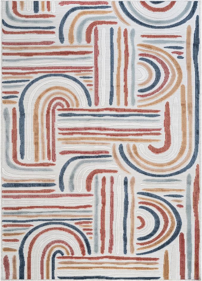 CAMILSON Indoor Outdoor Rug, Multicolor 6x9 Geometric Arch Striped Area Rugs for Patio and Home Areas, Easy-Cleaning Non-Shedding Living Room, Garden and Deck Washable Outside Carpet (6 x 9)