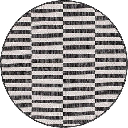 Unique Loom Outdoor Striped Collection Area Rug - Striped (4' 1" Round, Charcoal/Ivory)