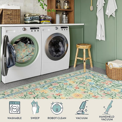 Lahome Boho Light Green Large Area Rugs for Bedroom 9x12, Floral Washable Rugs Living Room, Soft Non-Slip Thin Rug for Nursery Kids Playroom Tween Girls Home, Tea Green