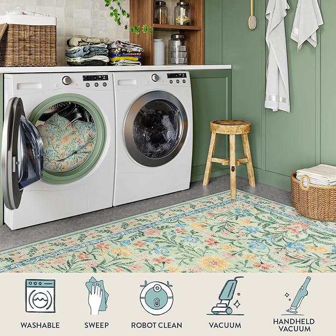 Lahome Washable 5x7 Area Rugs, Boho Pink and Green Floral Living Room Rug Non Slip, Vintage Girls Bedroom Indoor Carpet for Nursery Playroom Kitchen, Green/Multi