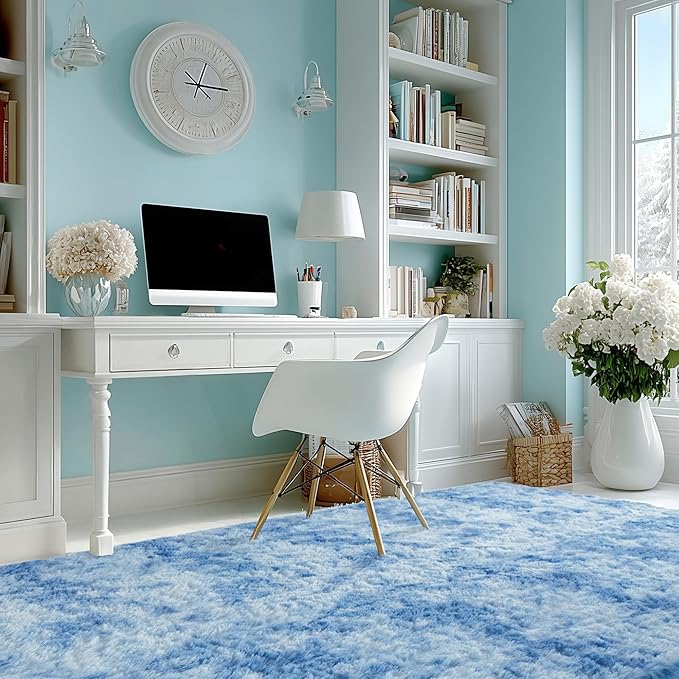 Andency Area Rugs 9x12 for Living Room Home Decor, Large Shaggy Bedroom Carpet, Non-Slip Big Shag Indoor Thick Soft Fluffy Furry Fur Area Rugs for Kids Dorm Nursery Aesthetic, Tie-Dyed Blue