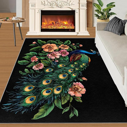 Peacock Peony Rugs for Bedroom - 3x5 Rug, Classic Peacock Peony Area Rugs for Living Room, Teal Turquoise Carpet, Floral Plant Washable Area Mat, Aesthetics Carpet - Peafowl Home Decor & Gifts