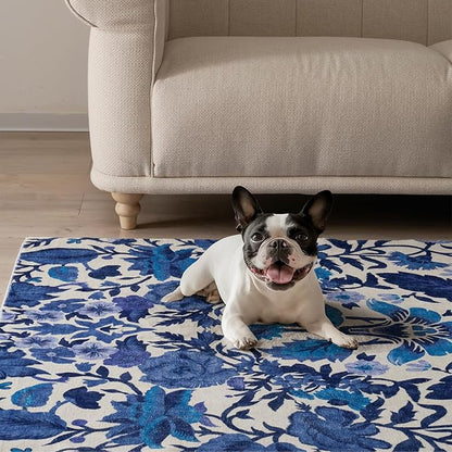 EVERGRACE Hallyway Area Runner Rugs 2x6, Boho Floral Faux Wool Indoor Outdoor Rugs, Washable Rugs for Bedroom Bathroom Living Room Kitchen, Low Pile Floor Mat Carpet for Home Decor, Celtic Blue