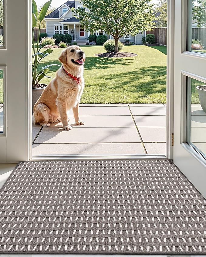 LUMI Handwoven Indoor Door Mat 32"x47", Non-Slip Low Profile Checkered Inside Doormat, Comfort Weave Grid Pattern Floor Mats, Taupe