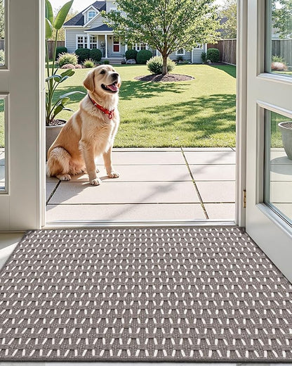 LUMI Handwoven Indoor Door Mat 24"x71", Non-Slip Low Profile Checkered Inside Doormat, Comfort Weave Grid Pattern Floor Mats, Taupe