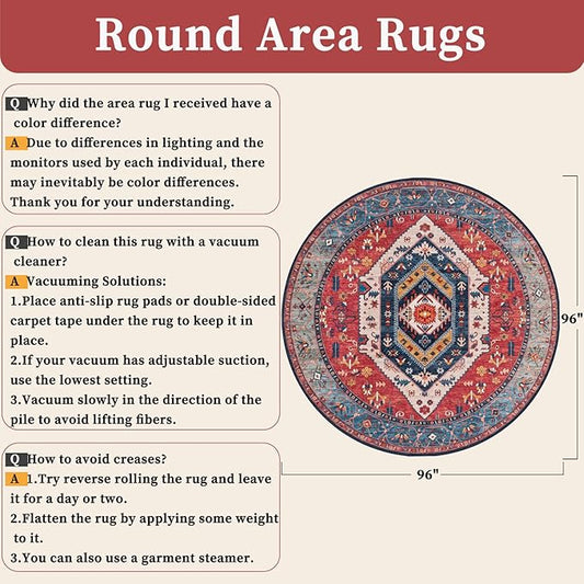 SERISSA Boho Round Area Rug, 8ft Washable Non-Slip Circle Rug, Ultra Soft Large Oriental Vintage Rust Low-Pile Circular Carpet for Living Room Bedroom Dining Room Kids Room Office College Dorm