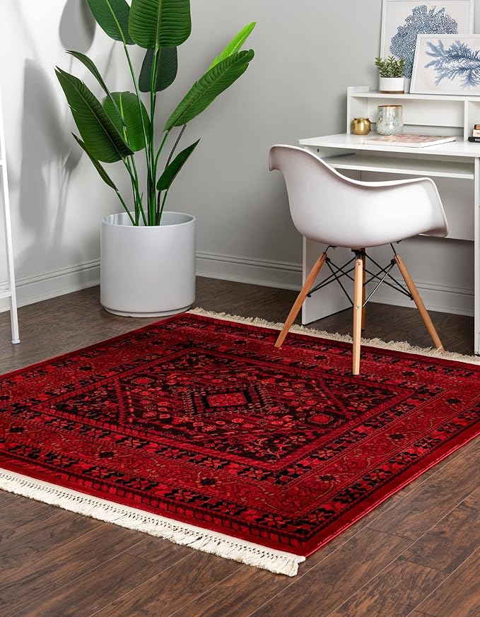 Unique Loom Tekke Collection Area Rug - Sheibani (5' 3" Square, Red/ Black)