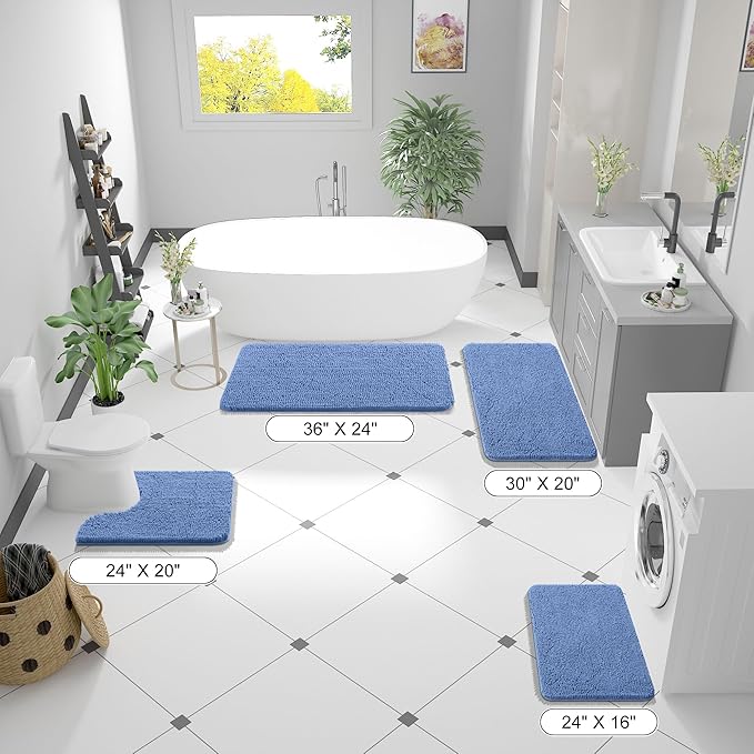 OLANLY Bathroom Rugs 24x16, Extra Soft Absorbent Chenille Bath Rugs, Rubber Backing Quick Dry, Machine Washable Bath Mats for Bathroom Floor, Tub and Shower, Home Decor Accessories, Cornflower Blue