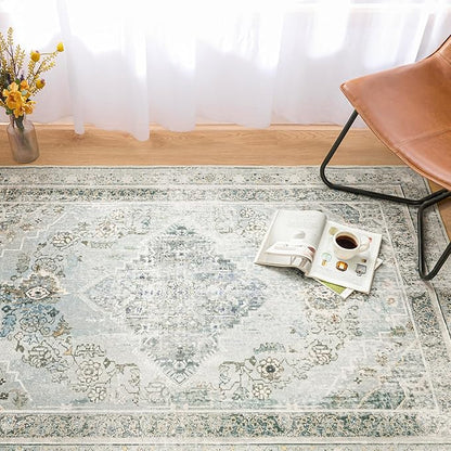 Phantoscope Washable Area Rug 4'x6' Non-Slip, Vintage Neutral Rugs for Living Room, Bedroom, Dining Room, Distressed Boho Medallion Pattern, Low-Pile Foldable Floor Carpet, Silver Grey/Taupe