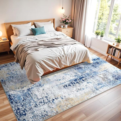 Washable Abstract Rug, 8x10 Modern Area Rugs with Non-Slip Rubber Backed for Living Room, Thin but Soft Contemporary Carpet Kitchen Bedroom Dining Room Decor, Midnight Blue