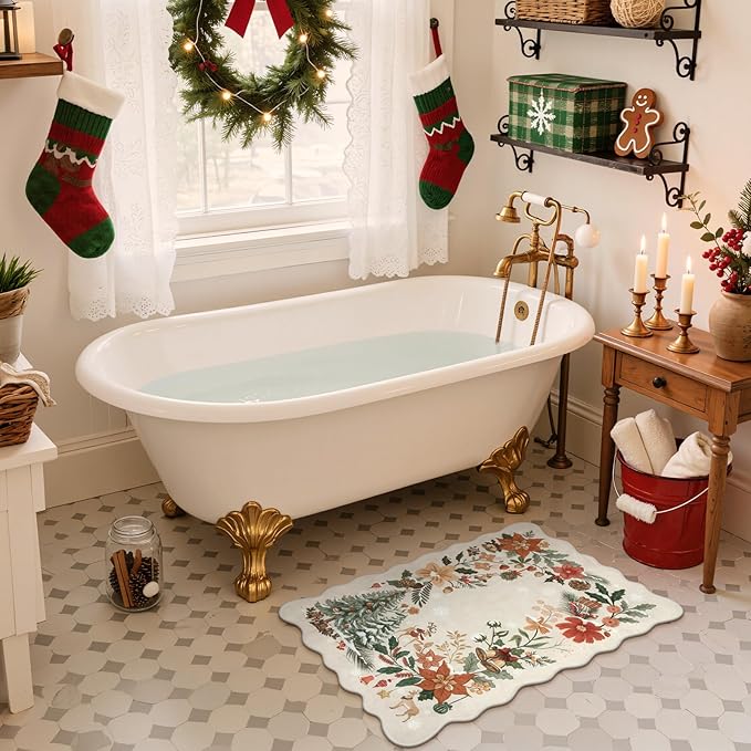 Lahome Floral Christmas Rug, 2x4 Washable Christmas Kitchen Rugs Indoor Ultra-Thin, Soft Christmas Rugs for Entryway Door Mat Holiday Rugs for Bathroom Bedroom, Beige/Multi