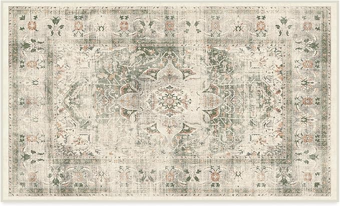 RUGGABLE Washable Vintage Area Rug – Sarrah Sage 3x5, Stain-Resistant, Non-Slip – Small Machine Washable Rugs for Living Room, Bedroom, Hallway, Entryway & Office–with Standard Pad