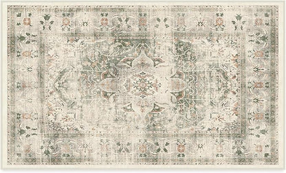 RUGGABLE Washable Vintage Area Rug – Sarrah Sage 3x5, Stain-Resistant, Non-Slip – Small Machine Washable Rugs for Living Room, Bedroom, Hallway, Entryway & Office–with Standard Pad