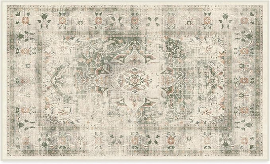 RUGGABLE Washable Vintage Area Rug – Sarrah Sage 3x5, Stain-Resistant, Non-Slip – Small Machine Washable Rugs for Living Room, Bedroom, Hallway, Entryway & Office–with Standard Pad