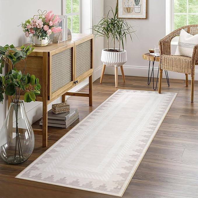 Bordered Washable Non Slip Runner Rug 2x6 for Hallway Kitchen Modern Fodable Stain Resistant Soft Bedroom Living Room Rugs Geometric Non-Shedding Low Pile Long Carpet, Beige