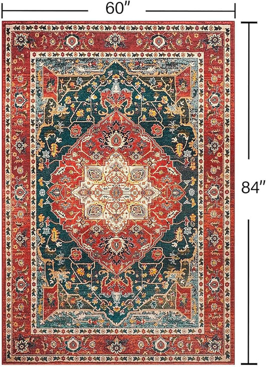 YJ.GWL Area Rugs for Living Room 5x7 Machine Washable Rugs, Non Slip Floral Vintage Rug Indoor Carpet, Stain Resistant Large Rug for Bedroom Dining Room, Orange-Red