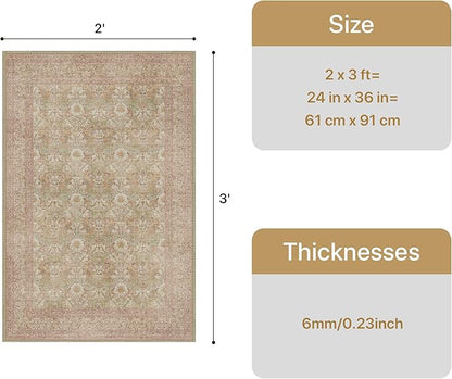 Bavni Small Throw 2x3 Vintage Floral Rug, Washable Non Slip Cute Area Rug for Entryway, Bedroom, Kitchen or Bathroom, Low Pile Carpet, Brown Pink