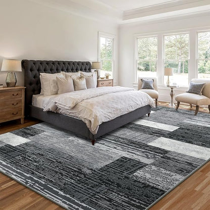 Large Area Rugs,Modern Geometric Patchwork Floor Decor for Bedroom Aesthetic Carpet, Rockwood Collection, Indoor Rugs for Living Room, Dining Room, Nursery, Office, Machine Washable Rug,8x10 Ft Grey
