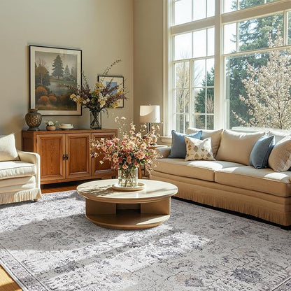 jinchan Kalen Area Rug 8x10 Washable Living Room Rug Vintage Indoor Large Floor Cover Retro Accent Mat Distressed Gray Floral Country Boho Non Slip Thin Carpet for Bedroom Dining Room Office Grey