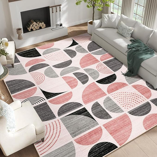 MUJOO Pink Washable Rugs 9x12,Boho Area Rugs for Living Room Bedroom Dining Room,Large Throw Floor Carpet Non Slip Soft Modern Abstract Pink and Grey