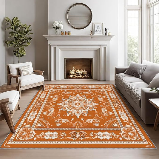 Mandala Rugs for Living Room -Vintage Floral Rug, 3x5 ft, Orange Mandala Area Rug, Boho Medallion Washable Non-Slip Rugs for Entryway, Meditation Boho Ethnic Home Decor & Gifts