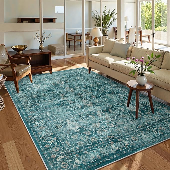 Lahome Vintage 6x9 Washable Blue Rugs for Living Room Bedroom, Soft Dining Room Rugs for Under Table, Non Slip Indoor Throw Carpet for Entryway Kitchen Office (6x9ft,Blue)