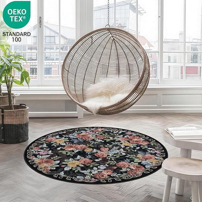 4ft Round Machine Washable Area Rug for Living Room, Black Vintage Boho Floral Rug Large Non-Slip Low Pile Soft Faux Wool Carpet, Kids and Pets Friendly for Bedroom Nursery Farmhouse Home Decor Rug