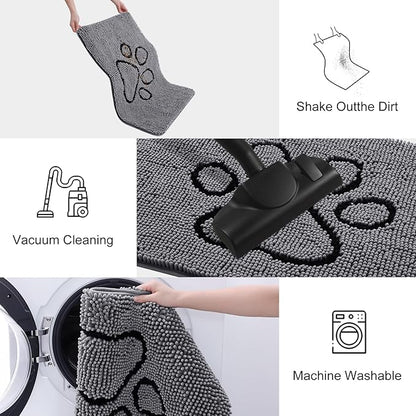 Smiry Dog Door Mat for Muddy Paws, Absorbent Dirt Trapper Non Slip Quick Dry Washable Chenille Mat for Mud Dogs, Entry Rug for Indoor and Outdoor (30x20 Inches, Dark Grey and Black)