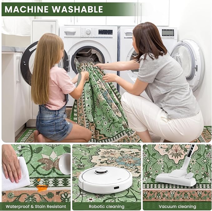 Luxury 8' x 10' Green Washable Area Rugs, Boho Low Pile Easy Clean Non-Slip Rug, Floral Medallion Pattern Vintage Rugs for Living Room, Dinning Room, Office, Bedroom, Bathroom, Laundry Room, Farmhouse