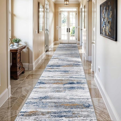 3x15 Washable Runner Rug for Hallway: Extra Long Runners for Entryway Living Room Dining Room - Stain and Water Resistant Rugs with Non-Slip Backing - Soft Low-Pile Carpet Navy Grey