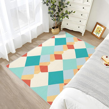 Geometric Washable Rugs - 5x8ft - Colorful Retro Mid Century Modern Rugs for Living Room Non Slip Low Pile Area Rug for Bedroom, Geometric Carpets Room Decor & Gifts