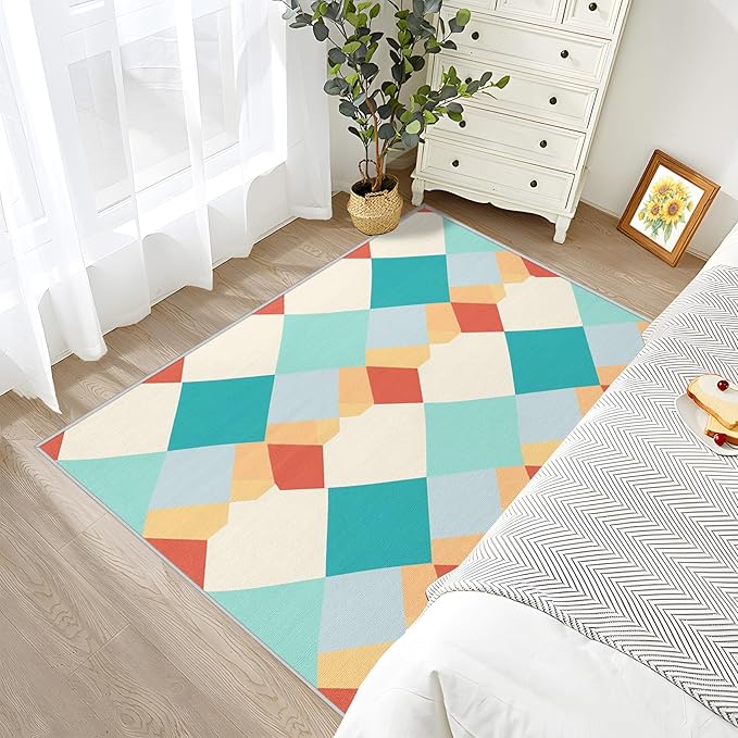 6x9 Rug Washable - Geometric Rug for Bedroom, Colorful Retro Mid Century Modern Non Slip Low Pile Area Rugs for Living Room, Geometric Carpets Home Decor & Gifts