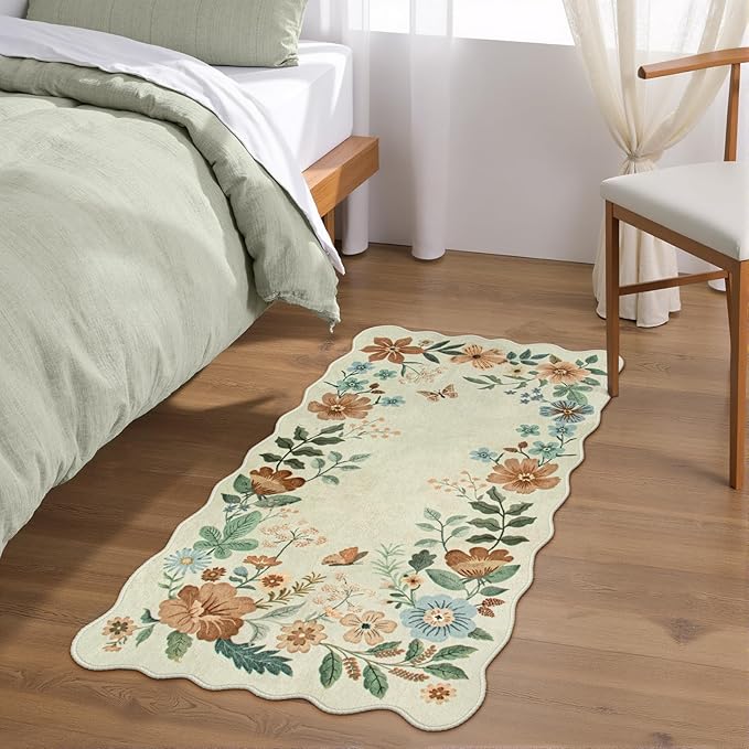 Lahome Floral Entryway Rug, 2x4 Washable Kitchen Rugs Non Slip Ultra-Thin, Front Door Mat Indoor Entrance Stain Resistant Boho Low-Pile Carpet for Entry Bathroom Bedroom(2x4ft,Beige)