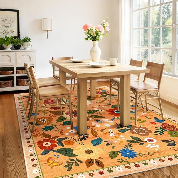 Floral 6x9 Area Rug Machine Washable Soft Print Boho Carpet Non Slip Doormat Low Pile Flower Area Rugs for Living Room Bedroom Nursery Kitchen Dining Room Indoor-Yellow/Orange