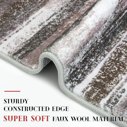 Modern Abstract 5x7 Machine Washable Area Rug Non-Slip Soft Bedroom Living Romm Rug Dark Light Brown White Ultra Thin Print Faux Wool Floor Carpet Throw Rugs for Dining Room Indoor Office