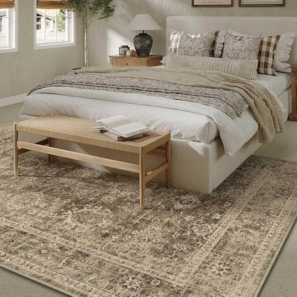 9x12 Brown Vintage Area Rug for Living Room Bedroom Large Distressed Rustic Carpet Non-Slip Low Pile Lightweight Vacuumable Soft Washable Throw Rug for Indoor Dining Room